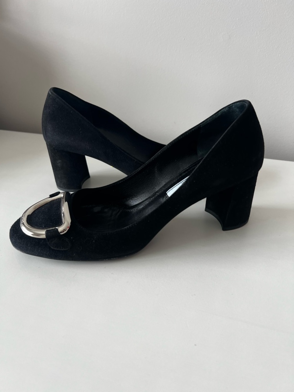 Prada Black Suede Pumps with Silver Buckle - Picture 8 of 10